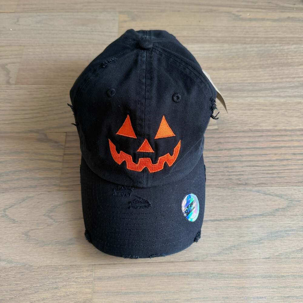 Kbethos Vintage Embroidered Pumpkin Jack-o-Lantern Distressed Baseball Cap